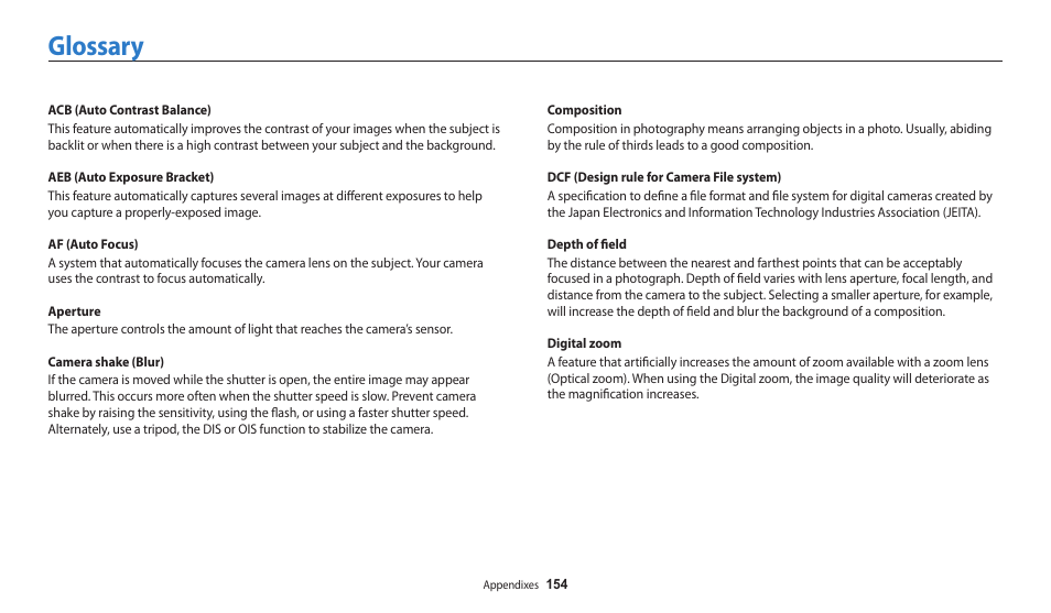 Glossary | Samsung EC-WB200FBPWUS User Manual | Page 155 / 164