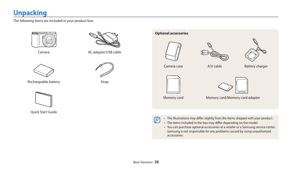 Unpacking | Samsung EC-WB200FBPWUS User Manual | Page 21 / 164