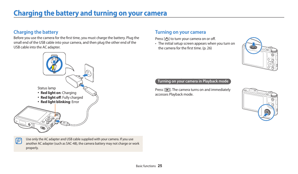 Charging the battery and turning on your camera, Charging the battery, Turning on your camera | Charging the battery turning on your camera | Samsung EC-WB200FBPWUS User Manual | Page 26 / 164