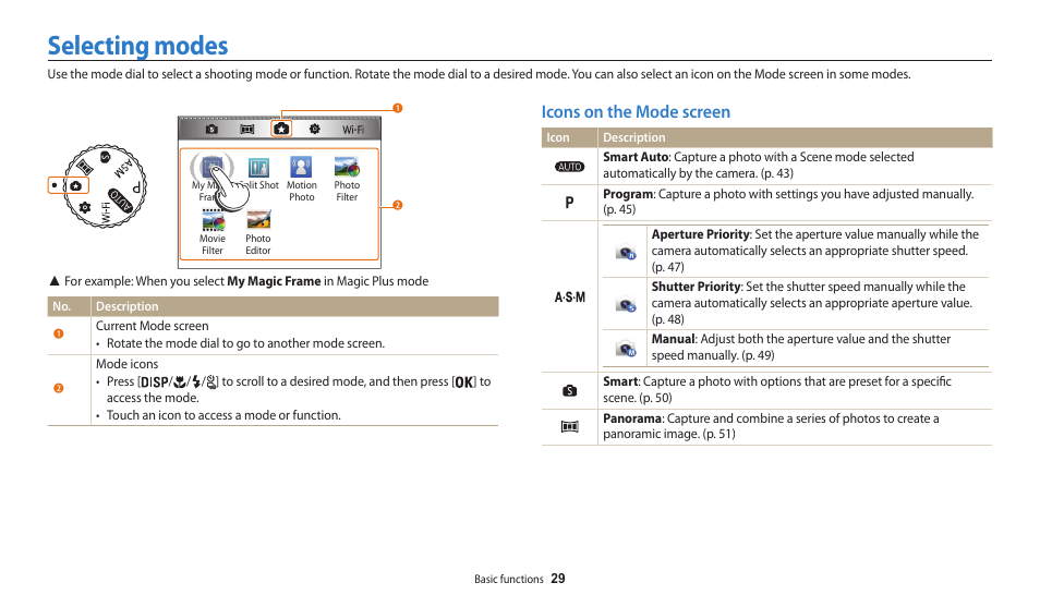 Selecting modes, Icons on the mode screen | Samsung EC-WB200FBPWUS User Manual | Page 30 / 164