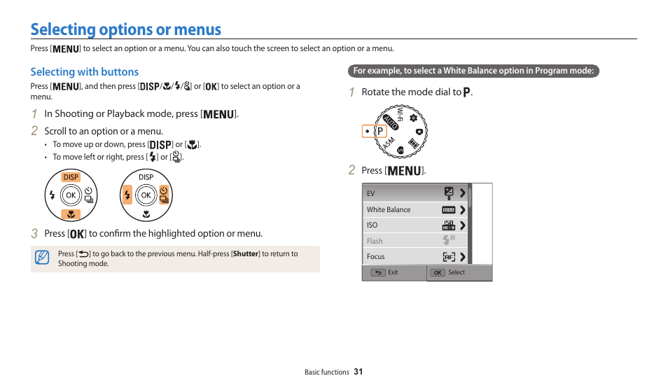 Selecting options or menus, Selecting with buttons | Samsung EC-WB200FBPWUS User Manual | Page 32 / 164