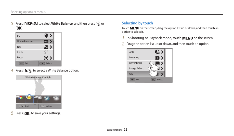 Selecting by touch | Samsung EC-WB200FBPWUS User Manual | Page 33 / 164
