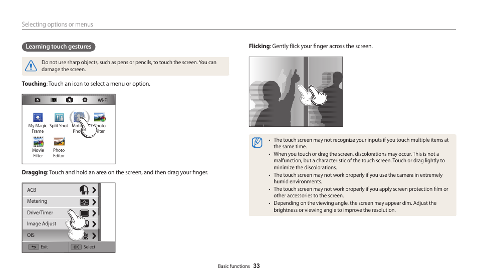 Selecting options or menus | Samsung EC-WB200FBPWUS User Manual | Page 34 / 164