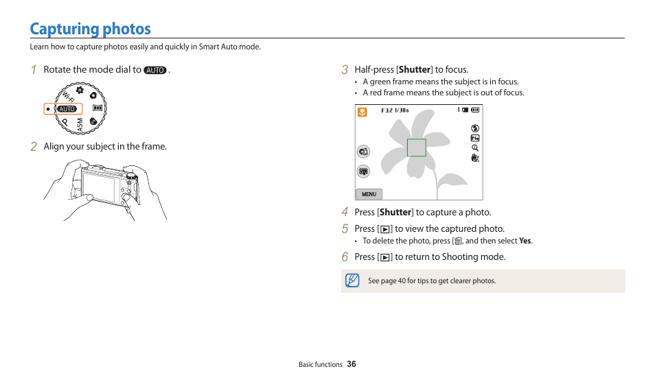 Capturing photos | Samsung EC-WB200FBPWUS User Manual | Page 37 / 164