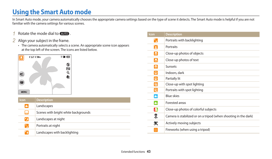 Using the smart auto mode | Samsung EC-WB200FBPWUS User Manual | Page 44 / 164