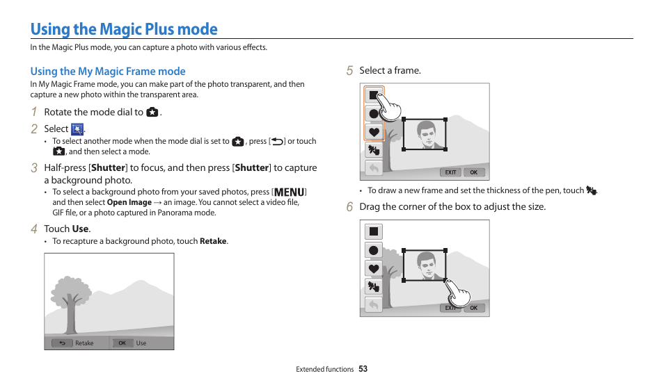 Using the magic plus mode, Using the my magic frame mode | Samsung EC-WB200FBPWUS User Manual | Page 54 / 164