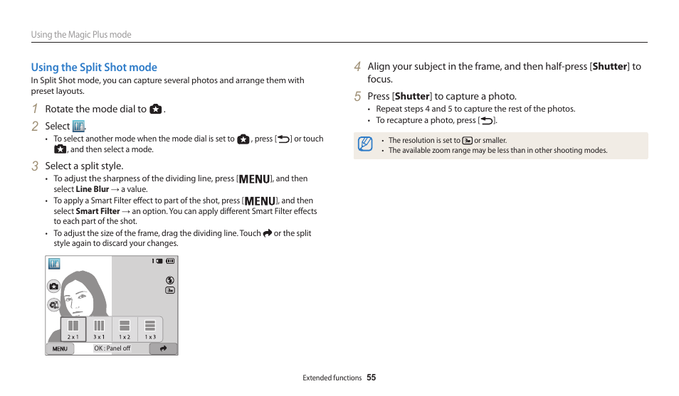 Using the split shot mode | Samsung EC-WB200FBPWUS User Manual | Page 56 / 164