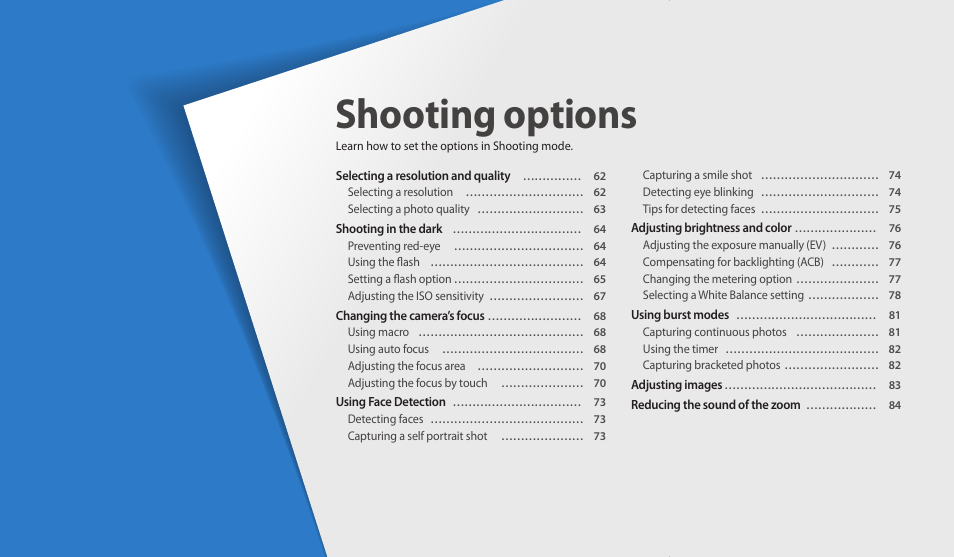 Shooting options, Learn how to set the options in shooting mode | Samsung EC-WB200FBPWUS User Manual | Page 62 / 164