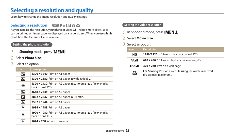 Selecting a resolution and quality, Selecting a resolution | Samsung EC-WB200FBPWUS User Manual | Page 63 / 164