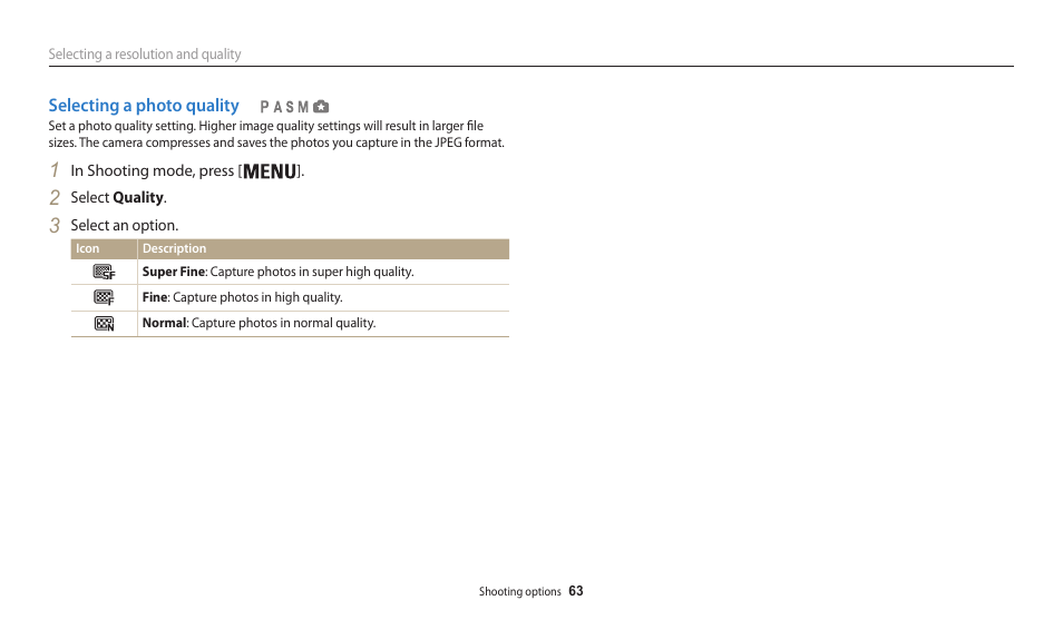 Selecting a photo quality | Samsung EC-WB200FBPWUS User Manual | Page 64 / 164