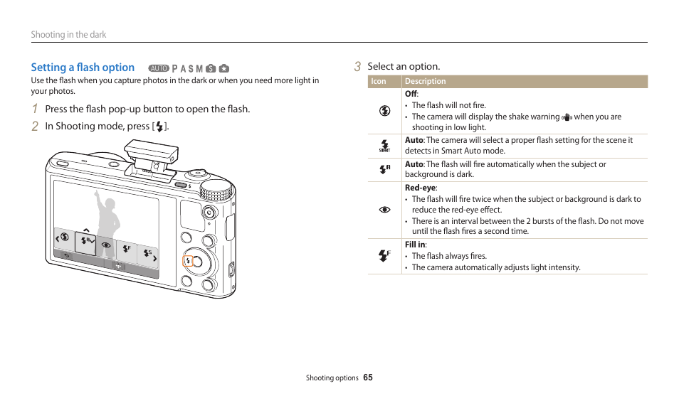 Setting a flash option | Samsung EC-WB200FBPWUS User Manual | Page 66 / 164