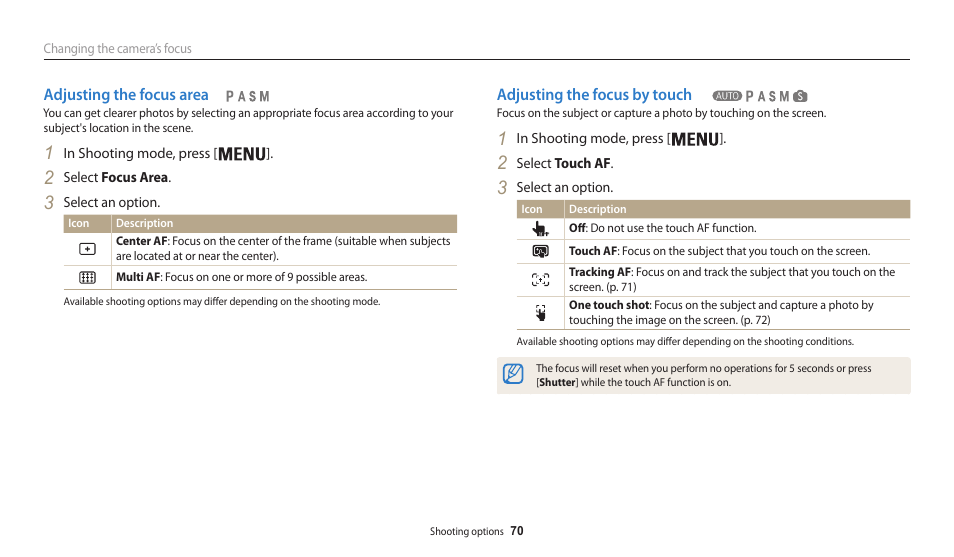 Adjusting the focus area, Adjusting the focus by touch | Samsung EC-WB200FBPWUS User Manual | Page 71 / 164