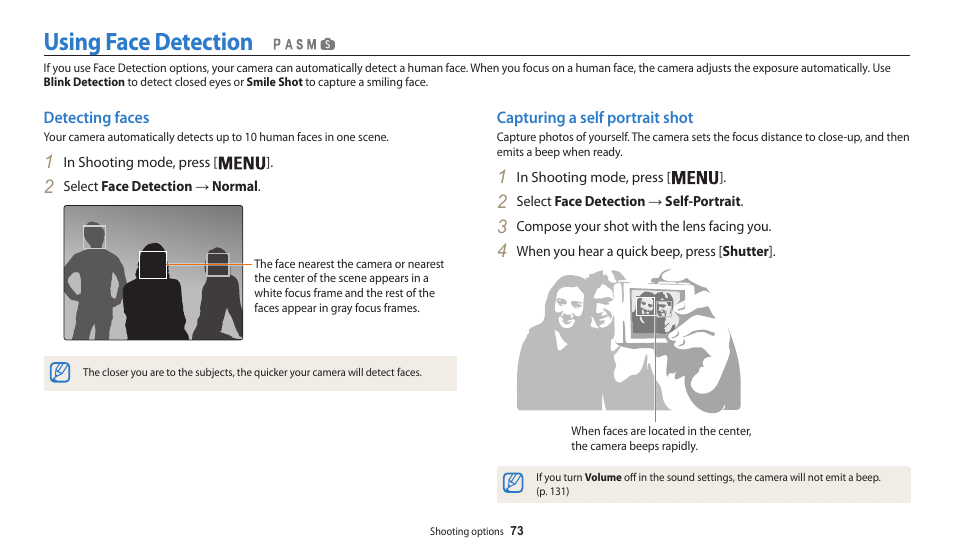 Using face detection, Detecting faces, Capturing a self portrait shot | Detecting faces capturing a self portrait shot | Samsung EC-WB200FBPWUS User Manual | Page 74 / 164