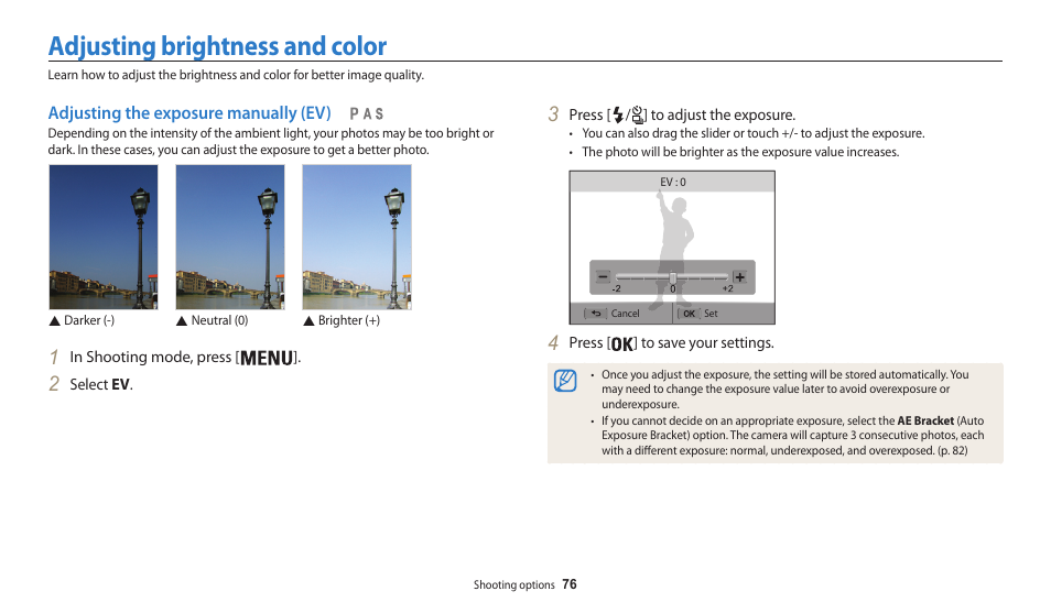 Adjusting brightness and color, Adjusting the exposure manually (ev) | Samsung EC-WB200FBPWUS User Manual | Page 77 / 164
