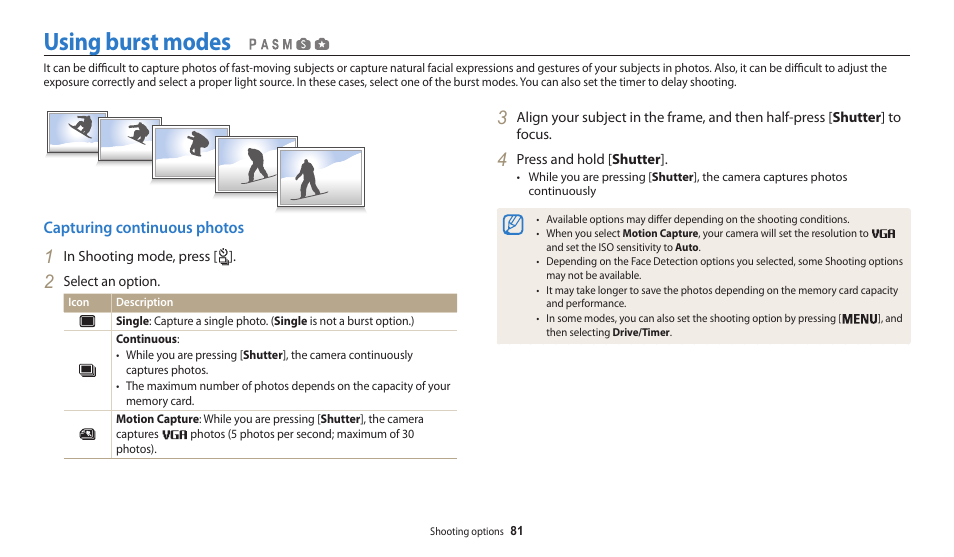 Using burst modes, Capturing continuous photos | Samsung EC-WB200FBPWUS User Manual | Page 82 / 164
