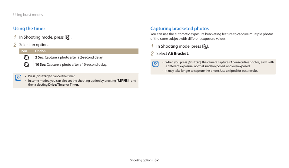 Using the timer, Capturing bracketed photos, Using the timer capturing bracketed photos | Samsung EC-WB200FBPWUS User Manual | Page 83 / 164