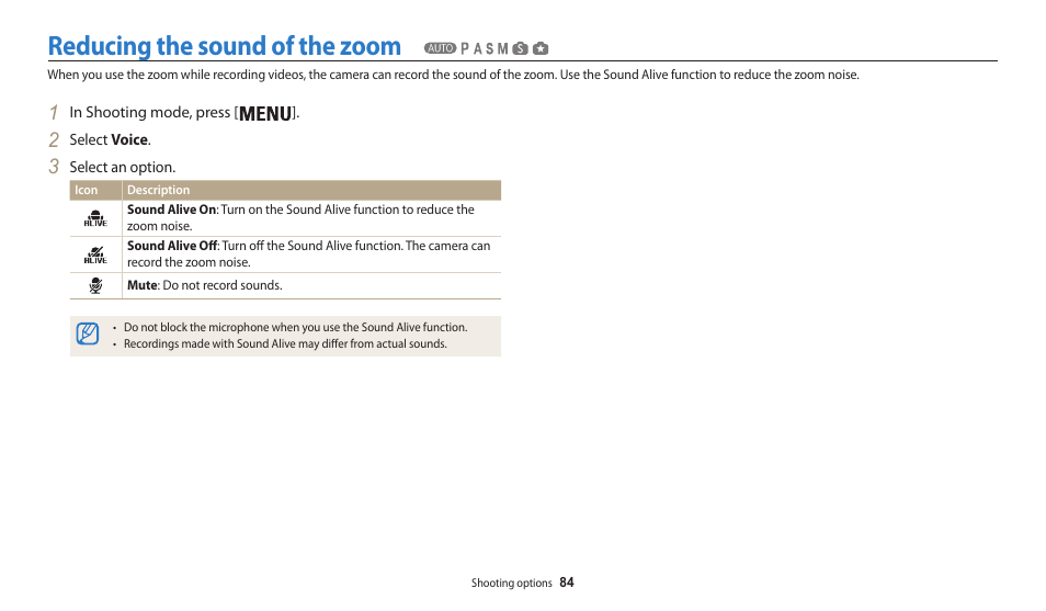Reducing the sound of the zoom | Samsung EC-WB200FBPWUS User Manual | Page 85 / 164