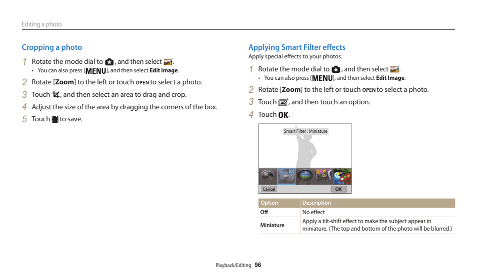 Cropping a photo, Applying smart filter effects, Cropping a photo applying smart filter effects | Samsung EC-WB200FBPWUS User Manual | Page 97 / 164