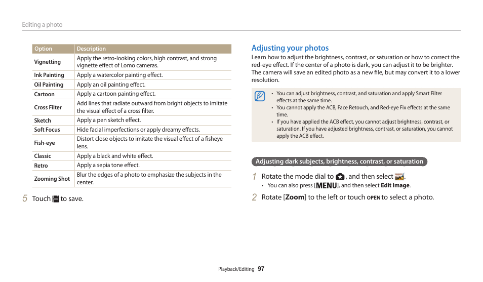 Adjusting your photos | Samsung EC-WB200FBPWUS User Manual | Page 98 / 164