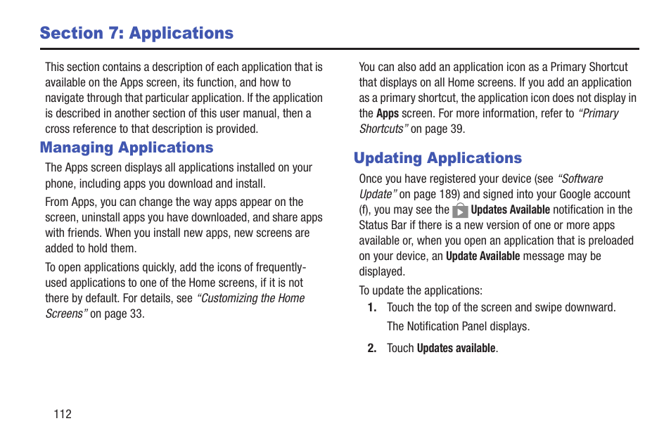 Section 7: applications, Managing applications, Updating applications | Managing applications updating applications | Samsung SCH-R530MBBUSC User Manual | Page 118 / 201