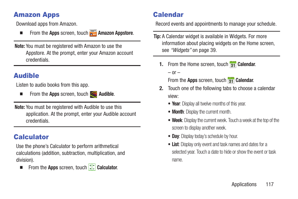 Amazon apps, Audible, Calculator | Calendar, Amazon apps audible calculator calendar | Samsung SCH-R530MBBUSC User Manual | Page 123 / 201