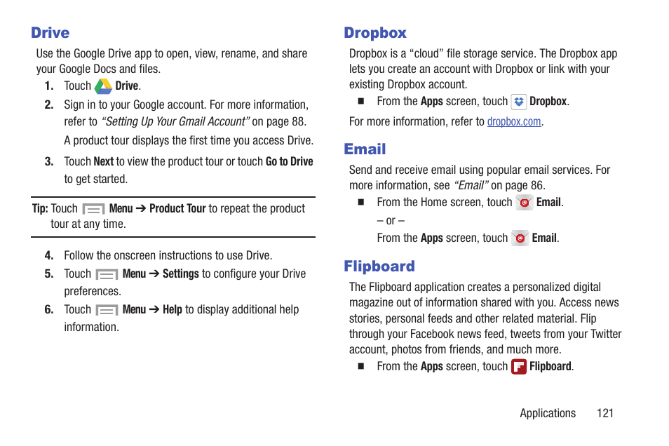 Drive, Dropbox, Email | Flipboard, Drive dropbox email flipboard | Samsung SCH-R530MBBUSC User Manual | Page 127 / 201