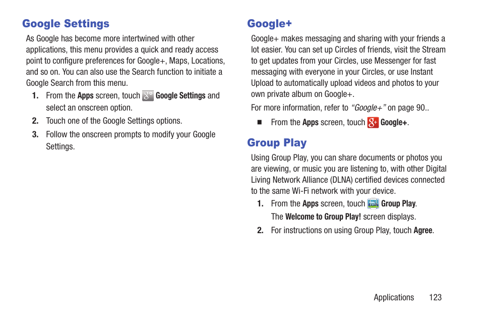Google settings, Google, Group play | Google settings google+ group play | Samsung SCH-R530MBBUSC User Manual | Page 129 / 201