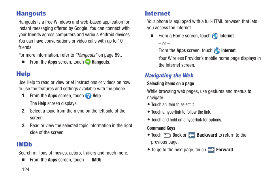 Hangouts, Help, Imdb | Internet, Hangouts help imdb internet | Samsung SCH-R530MBBUSC User Manual | Page 130 / 201