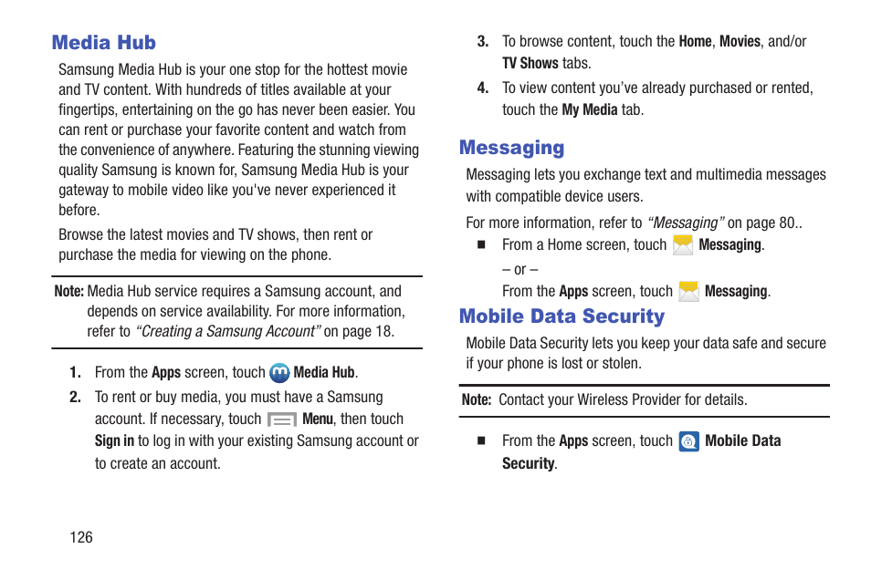 Media hub, Messaging, Mobile data security | Media hub messaging mobile data security | Samsung SCH-R530MBBUSC User Manual | Page 132 / 201