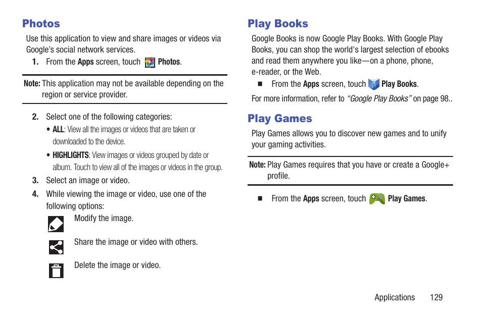 Photos, Play books, Play games | Photos play books play games | Samsung SCH-R530MBBUSC User Manual | Page 135 / 201