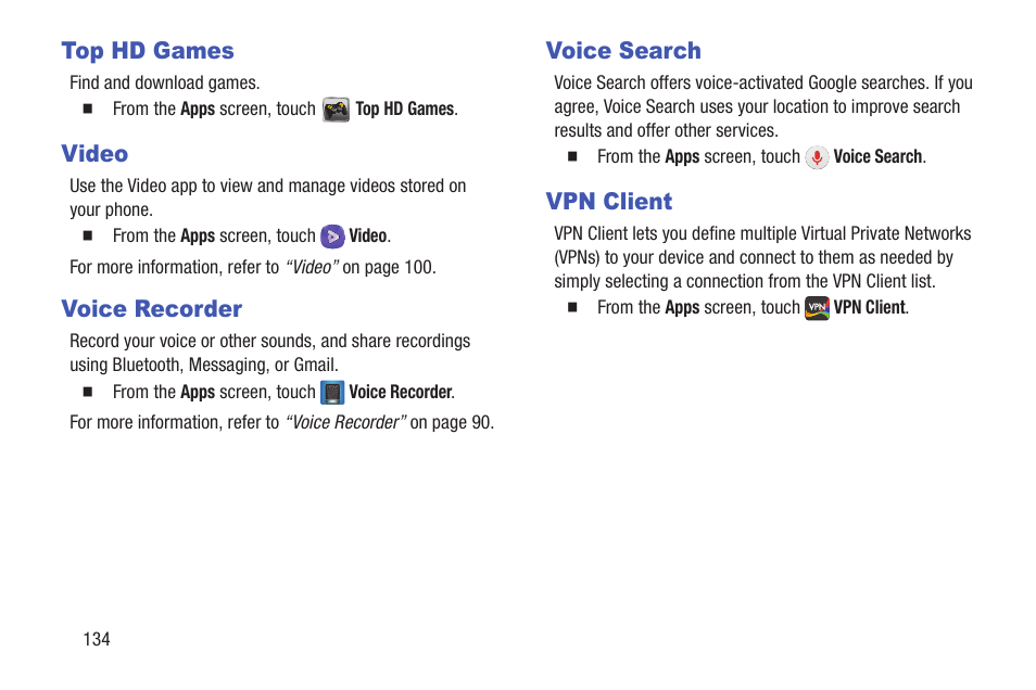 Top hd games, Video, Voice recorder | Voice search, Vpn client | Samsung SCH-R530MBBUSC User Manual | Page 140 / 201