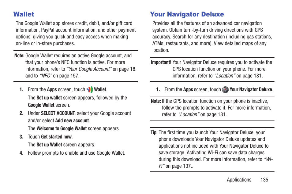 Wallet, Your navigator deluxe, Wallet your navigator deluxe | Samsung SCH-R530MBBUSC User Manual | Page 141 / 201