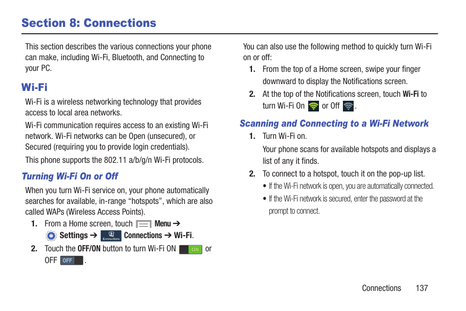 Section 8: connections, Wi-fi, For more information, refer to | Samsung SCH-R530MBBUSC User Manual | Page 143 / 201