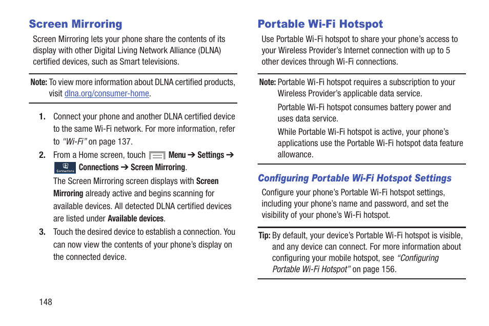 Screen mirroring, Portable wi-fi hotspot, Screen mirroring portable wi-fi hotspot | Samsung SCH-R530MBBUSC User Manual | Page 154 / 201