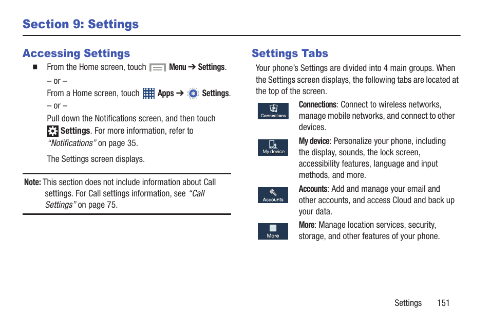 Section 9: settings, Accessing settings, Settings tabs | Accessing settings settings tabs | Samsung SCH-R530MBBUSC User Manual | Page 157 / 201