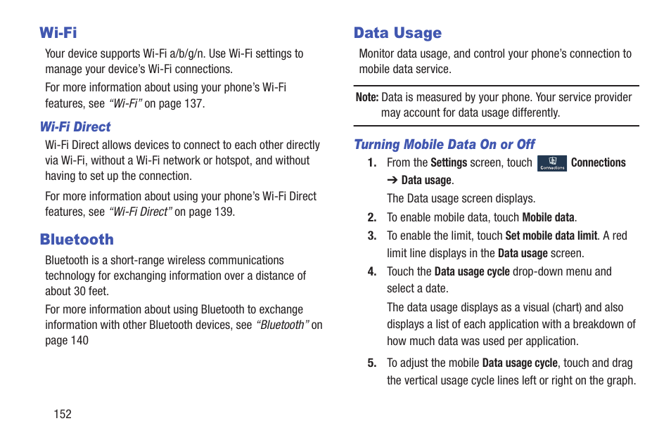 Wi-fi, Bluetooth, Data usage | Wi-fi bluetooth data usage | Samsung SCH-R530MBBUSC User Manual | Page 158 / 201