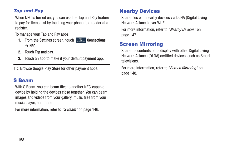 S beam, Nearby devices, Screen mirroring | S beam nearby devices screen mirroring | Samsung SCH-R530MBBUSC User Manual | Page 164 / 201