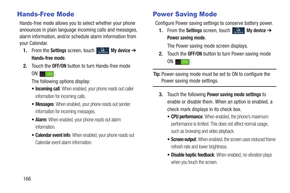 Hands-free mode, Power saving mode, Hands-free mode power saving mode | Samsung SCH-R530MBBUSC User Manual | Page 172 / 201