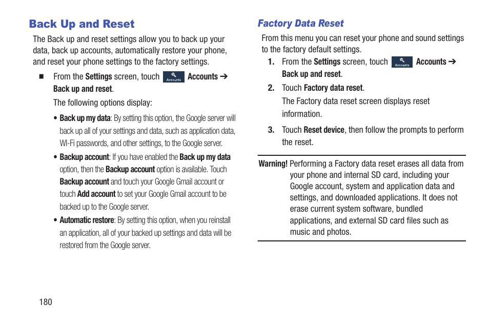 Back up and reset | Samsung SCH-R530MBBUSC User Manual | Page 186 / 201