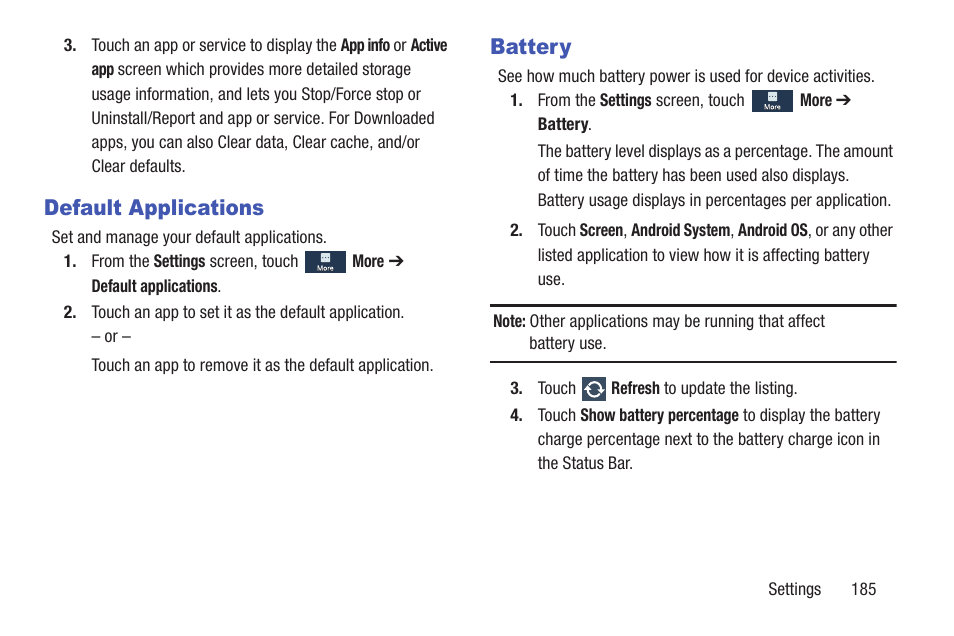 Default applications, Battery, Default applications battery | Samsung SCH-R530MBBUSC User Manual | Page 191 / 201