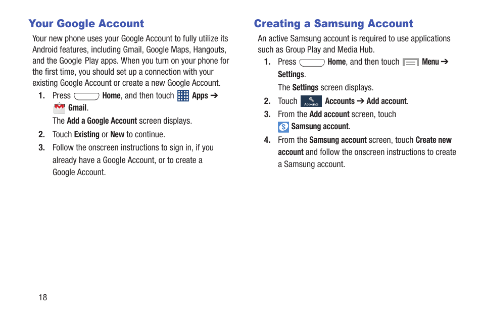 Your google account, Creating a samsung account, Your google account creating a samsung account | Samsung SCH-R530MBBUSC User Manual | Page 24 / 201