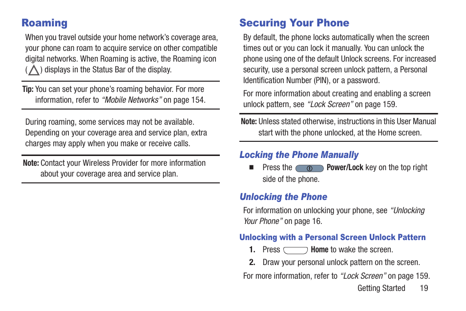 Roaming, Securing your phone, Roaming securing your phone | Samsung SCH-R530MBBUSC User Manual | Page 25 / 201