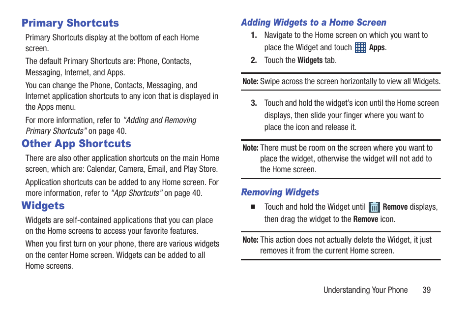 Primary shortcuts, Other app shortcuts, Widgets | Primary shortcuts other app shortcuts widgets, For more information, refer to "widgets” on | Samsung SCH-R530MBBUSC User Manual | Page 45 / 201