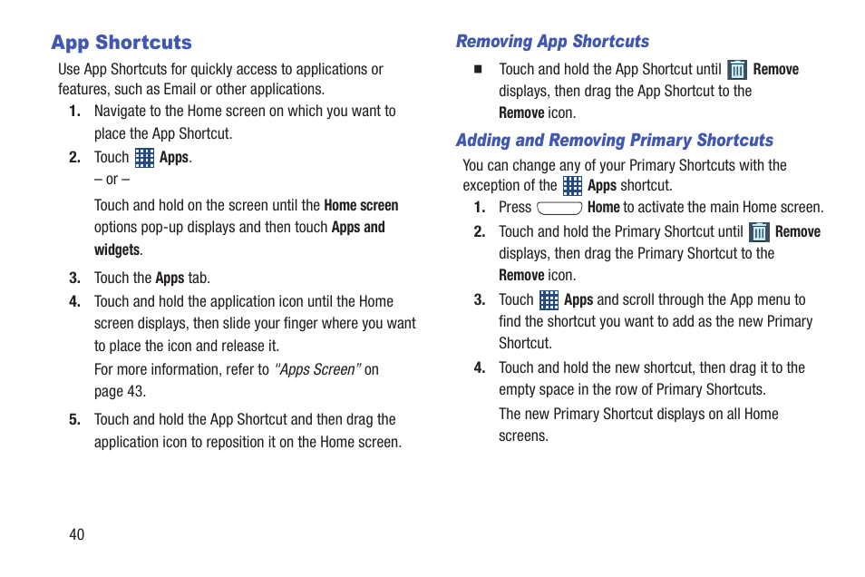 App shortcuts, For more, Information, refer to "adding and removing primary | Samsung SCH-R530MBBUSC User Manual | Page 46 / 201
