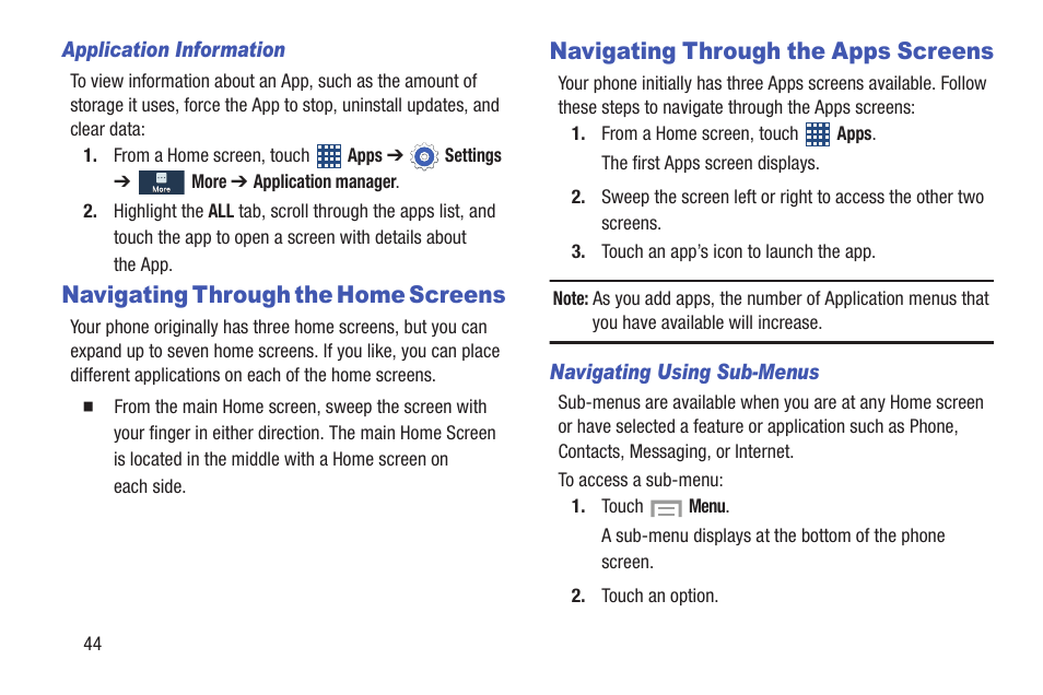 Navigating through the home screens, Navigating through the apps screens | Samsung SCH-R530MBBUSC User Manual | Page 50 / 201