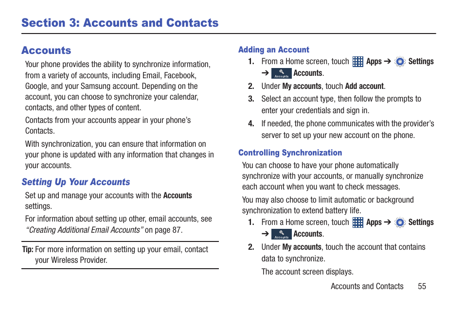 Section 3: accounts and contacts, Accounts | Samsung SCH-R530MBBUSC User Manual | Page 61 / 201