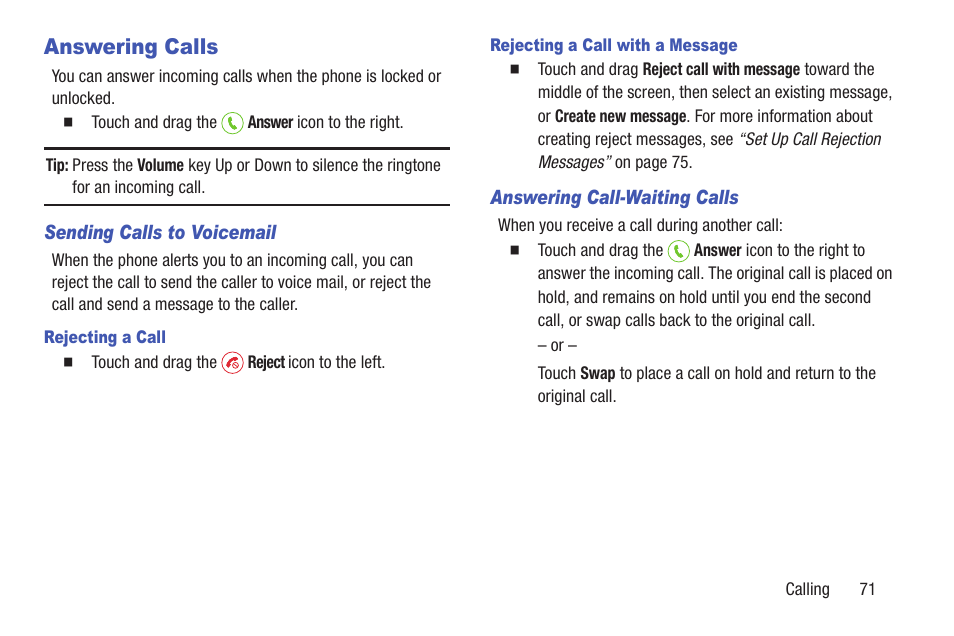 Answering calls | Samsung SCH-R530MBBUSC User Manual | Page 77 / 201
