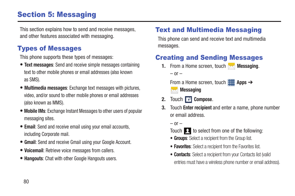 Section 5: messaging, Types of messages, Text and multimedia messaging | Creating and sending messages, N, see “creating and sending messages” on | Samsung SCH-R530MBBUSC User Manual | Page 86 / 201