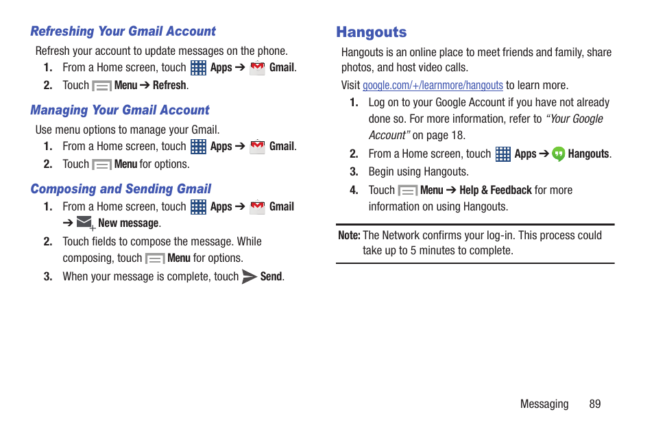 Hangouts | Samsung SCH-R530MBBUSC User Manual | Page 95 / 201