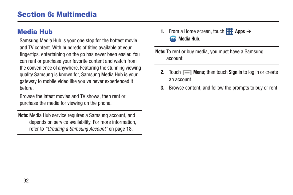 Section 6: multimedia, Media hub | Samsung SCH-R530MBBUSC User Manual | Page 98 / 201